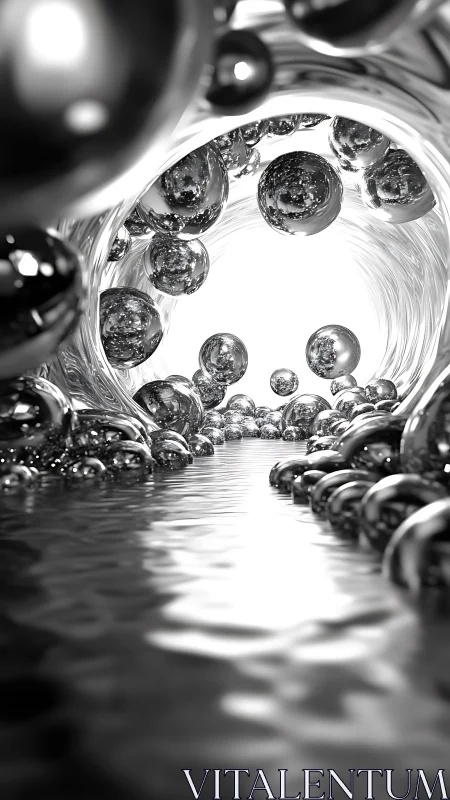 Specular metallic spheres in reflective tunnel fluid conduit.