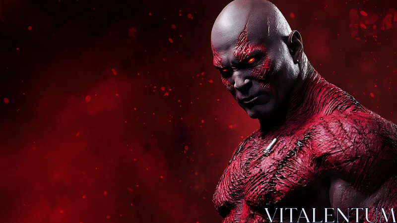 Red-skinned humanoid figure with glowing eyes in profile.