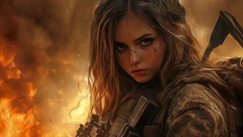 Young warrior in armor holds steady amid swirling flames.