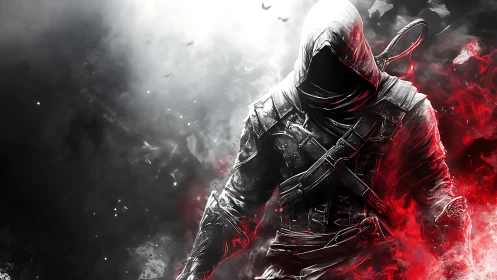 Hooded rogue emerges from monochrome smoke and red energy