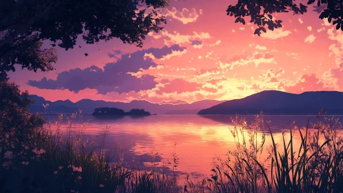 Sunset-lit lake with distant mountains and silhouetted foliage.