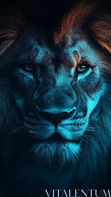 Close-up digitally lit lion portrait with blue toning.