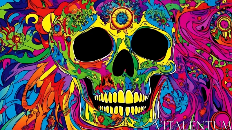 Color-splashed skull swirling in joyful psychedelic chaos.
