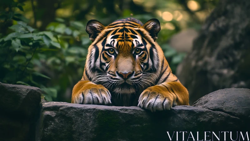 Tiger resting on rock ledge in dense forest environment.