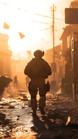 Soldier walks through sunlit war-torn street in golden haze