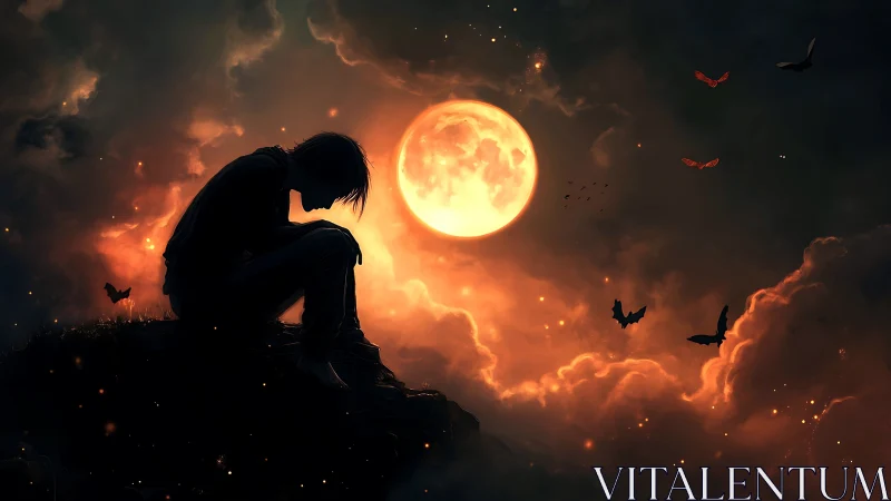 Silhouetted figure sits before luminous full moon in clouds