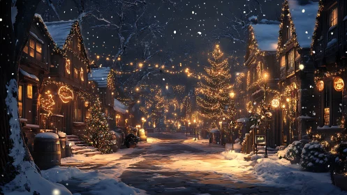 Snowlit village lane wrapped in golden Christmas glow.