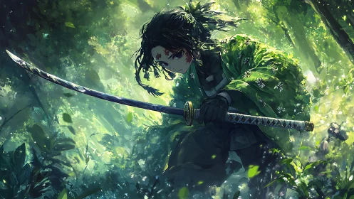 Forest samurai crouches with drawn katana, light slicing leaves.