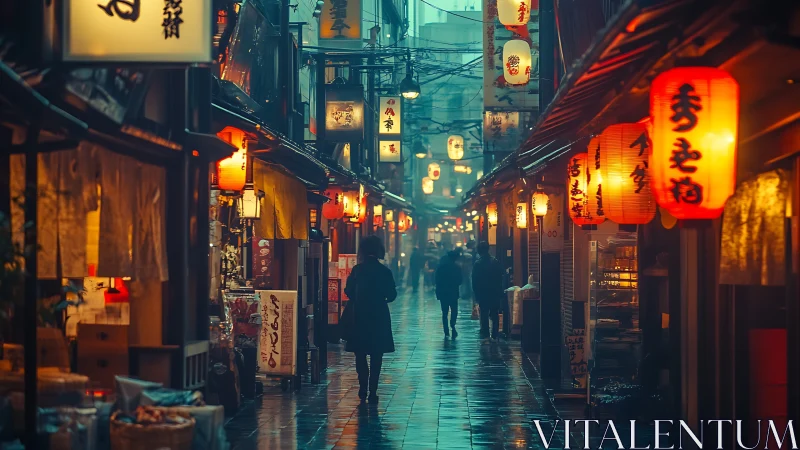 Rain-soaked Tokyo alleyway with glowing red lanterns at dusk.