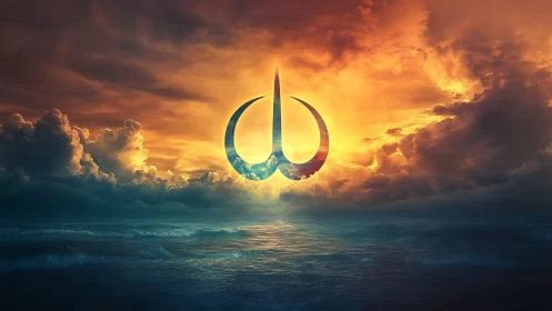 Celestial emblem hovering over cinematic ocean horizon at dusk.