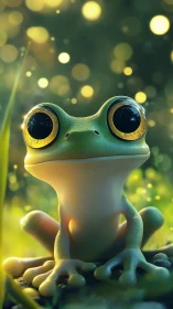 Wide-eyed forest frog basking in dreamy golden bokeh glow.