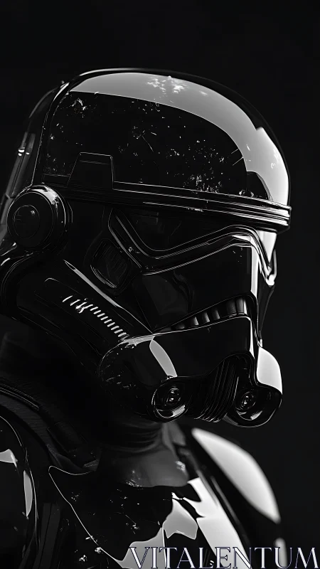 Black armored sci fi soldier helmet reflects stark highlights.