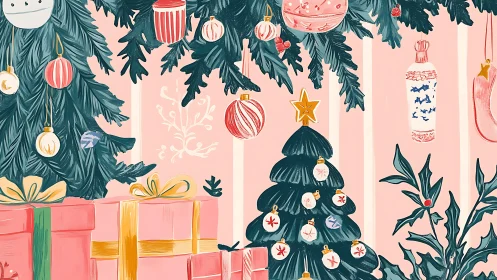 Illustrated pink Christmas interior with trees, gifts, ornaments