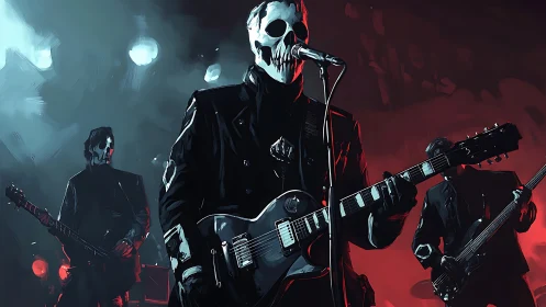 Masked rock guitarist on stage under teal and red concert lights.