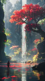 Vertical canyon waterfall with red trees and distant figures.