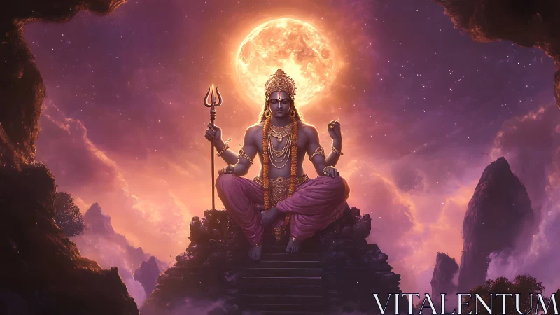 Moonlit divine deity seated in radiant celestial stillness.