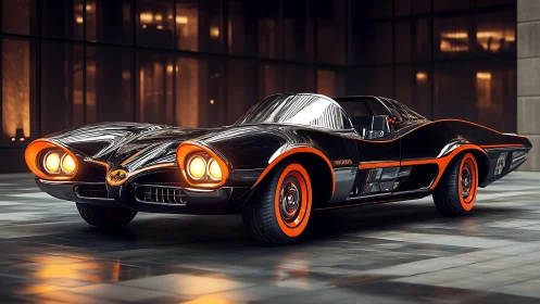 Photoreal muscle concept car with neon-trimmed retro bodywork.