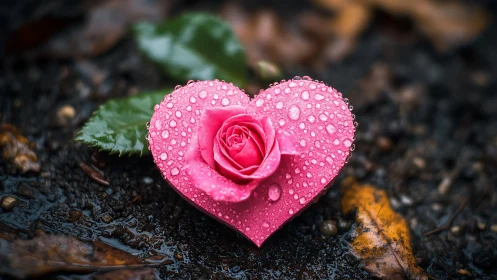 Pink Heart-Shaped Rose Covered in Dewdrops.