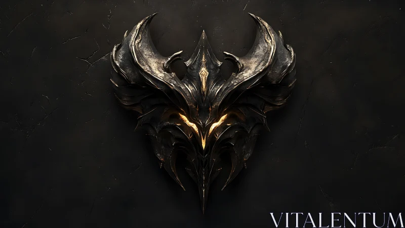 Metallic horned emblem displays symmetrical, glowing structure