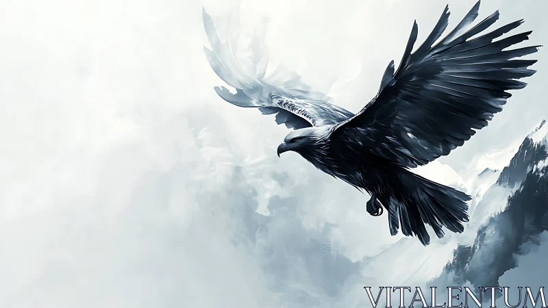 Majestic eagle soaring over misty mountains in digital art style.