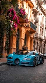 Turquoise hypercar lounges beneath balconies and blooms