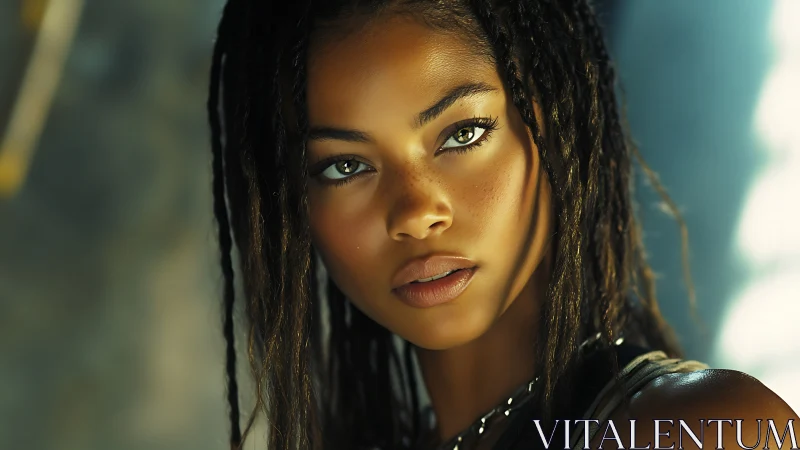 Close portrait of woman with braids and intense gaze.