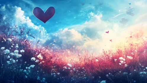Ethereal Meadow with Heart Silhouette Against Gradient Sky.