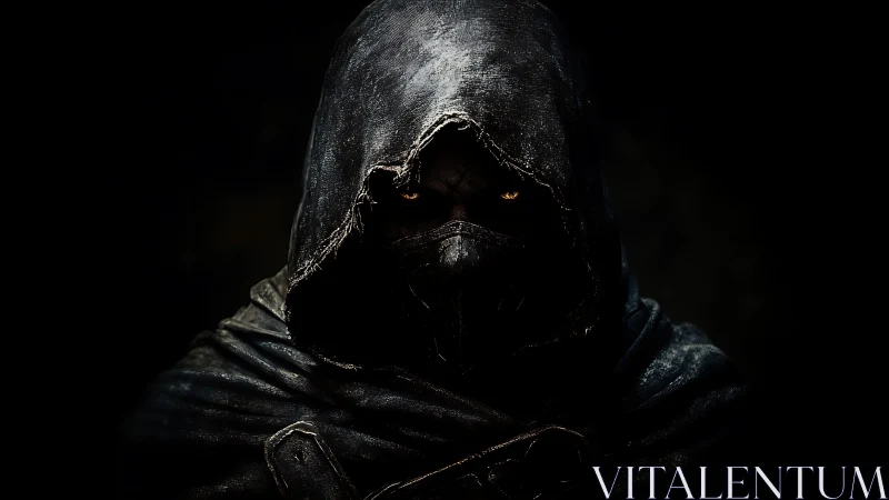 Shadowed wanderer waits in the dark with burning golden eyes