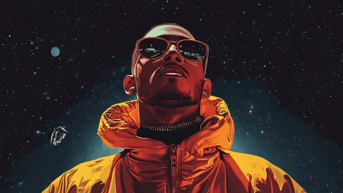 Celestial portrait of man in orange jacket rendered as digital vector