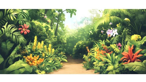 Dense tropical garden borders sunlit path through foliage