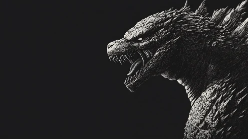 Monochrome kaiju profile rendered as high-contrast digital etching.