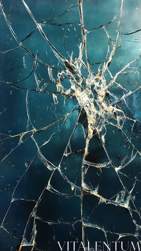 Shattered teal glass web catching light in quiet motion.