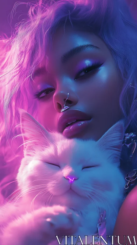 Dreamy neon girl cuddles a peaceful fluffy white cat