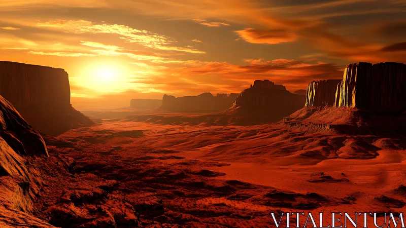Sunlit red desert canyon with mesas under orange sky.