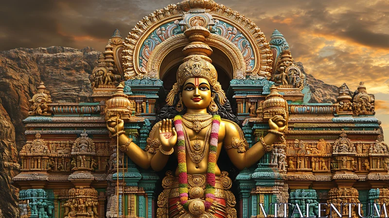 Golden Hindu deity stands before ornate temple at sunset