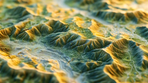 3D topographic mountain relief with luminous contour mapping.