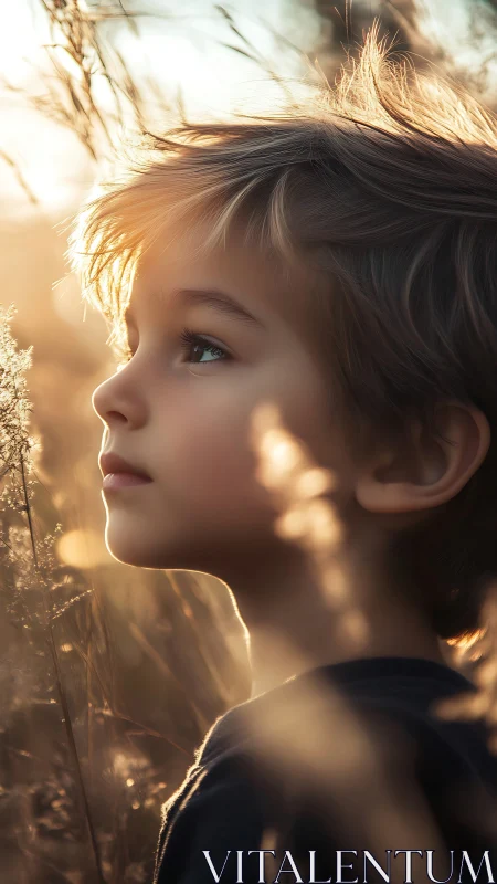Young child in profile with wheat field backlit by warm golden sunlight.