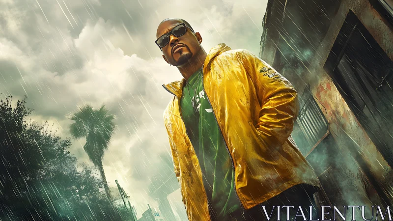 Man in yellow jacket standing in rainy urban alleyway scene.