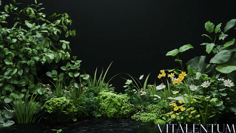 Lush garden blooms glow gently against a deep dark backdrop