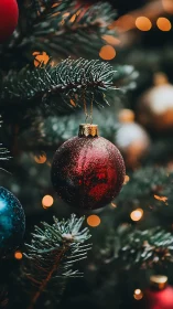 Red glass ornament hangs on fir branch with defocused lights