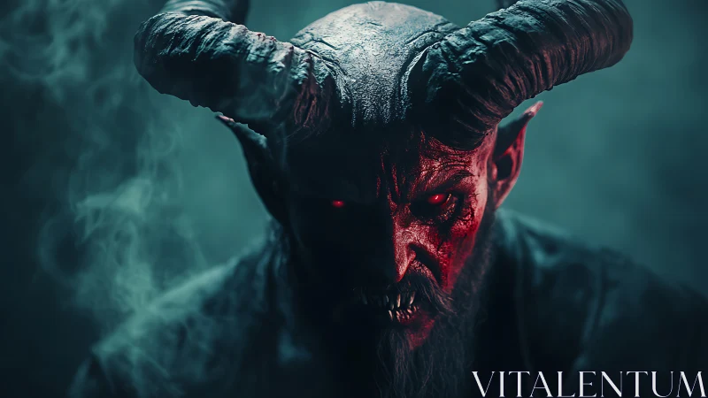 Horned demon entity glares through swirling blue smoke.