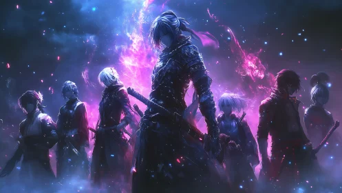 Starlit bladeborn vanguard before a nebula of warfire.