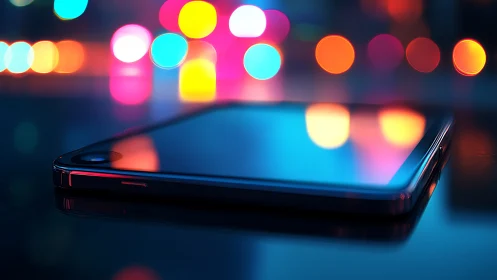 Sleek smartphone rests under neon city bokeh lights at night
