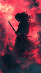 Lone samurai silhouette stands in crimson storm clouds