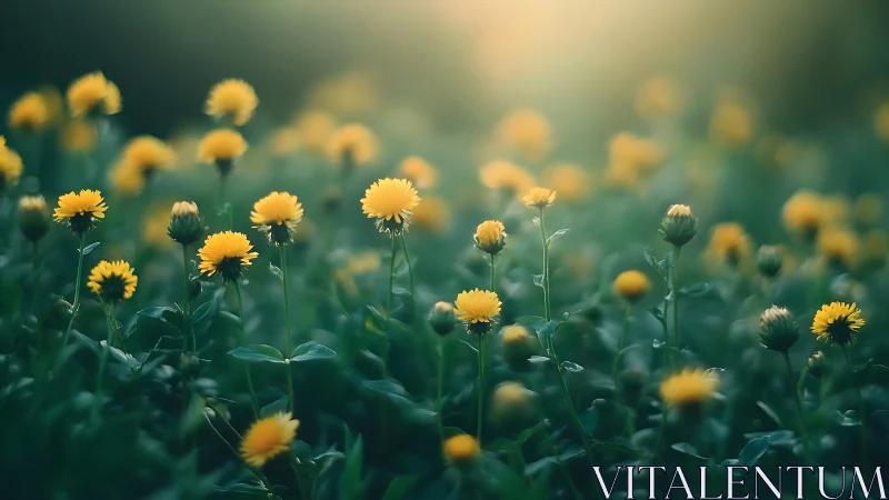 Soft morning light over a dreamy field of yellow blooms.