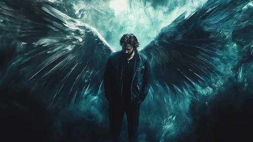 Solitary male figure stands before large dark feathered wings