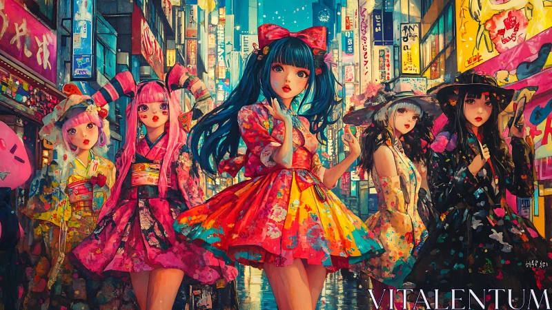 Five stylized girls stand in a neon-lit urban street at night