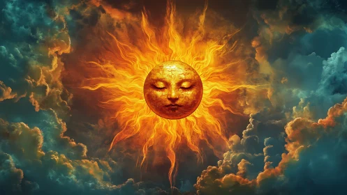 Surreal solar deity face framed by blazing clouds.