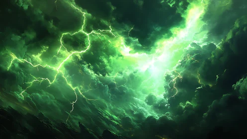 Emerald tempest sky with electric storm clouds unleashed.