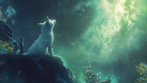 White wolf and small figure gaze upward into glowing night sky
